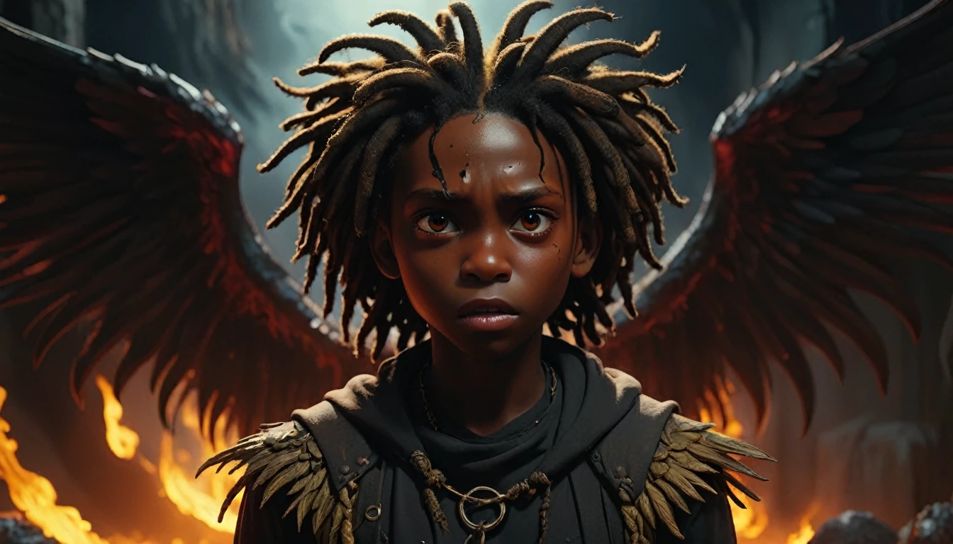 1 angelic winged black boy in hell, dreadlocks, with no face, dark demonic womans entities, demons behind, highly detailed, 8k, best quality, immense pain and suffering, cinematic dramatic lighting, dark moody atmosphere, gritty realism, chiaroscuro, muted color palette