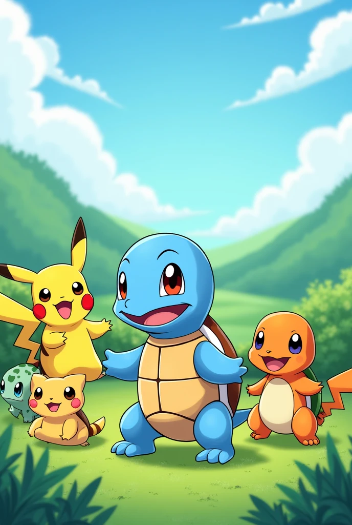 Create a wallpaper image as background for a mobile phone of the pokemon squirtle and the pokemon pikachu and charmander and bulbasaur