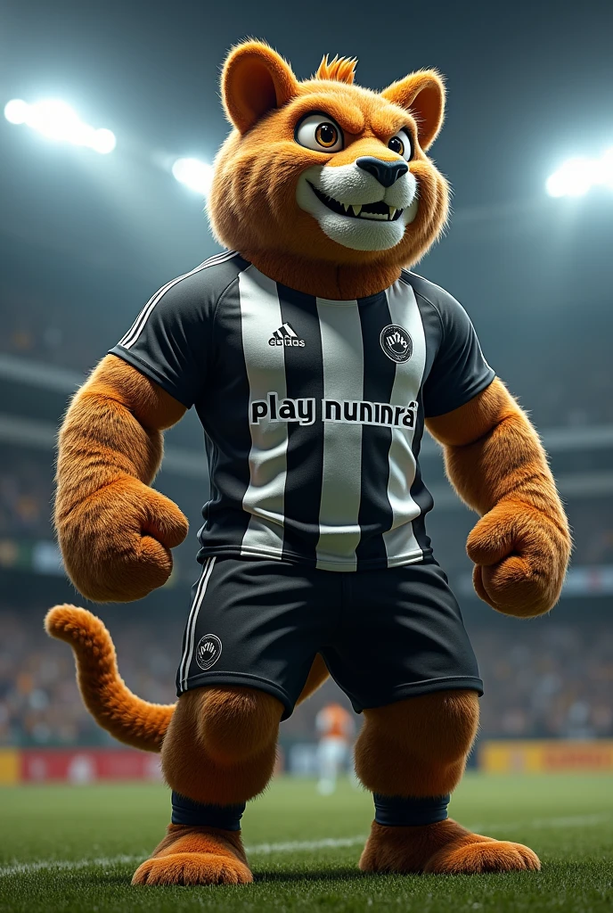 Mascot for football team with black and white shirt with the words “play mumm rá” written on it
