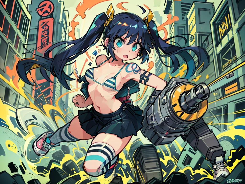 Comics Style,digital figure of beautiful female character, Anime Style, Futuristic tribal tattoo style design on body, (Very beautiful and lovely girl:1.1, Wink, Hime cut twin tails, Greenish black hair, Striped Bikini, mini skirt, Both hands are gimmick arms, Shooting wire, Dynamic movement, Thighs, Knee-high socks, sneakers), (Perfect detail:1.1), Very detailedアートワーク, Graffiti Style Destroyed City Landscape in Focus, (Beautiful and vivid background:1.2), ( Eyes and face with attention to detail:1.3), (Beautiful and vivid background:1.2), (Very detailed, Best Shadow:1.1),Exposing shoulders, (White Background:0.5), (figure :1.1), Graffiti Style , outside, Vibrant, high quality, sticker art, Comic book style, Centered, Approaching perfection, dynamic, Very detailed, Concept Art, Smooth, Sharp focus, dynamic