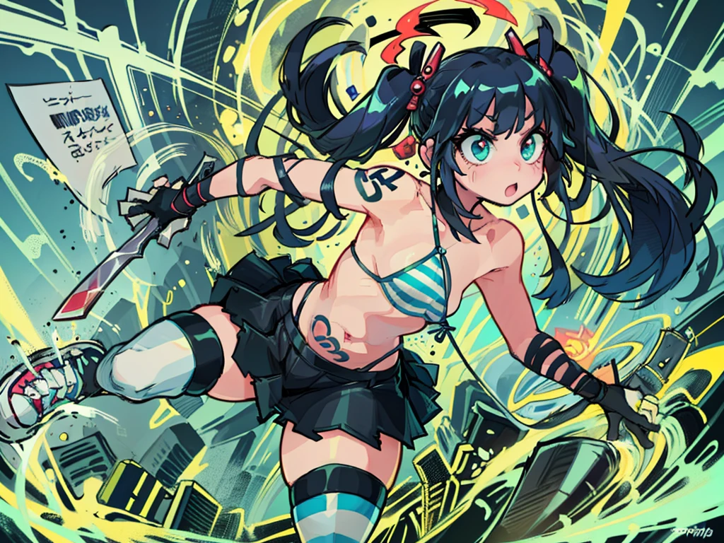 Comics Style,digital figure of beautiful female character, Anime Style, Futuristic tribal tattoo style design on body, (Very beautiful and lovely girl:1.1, Wink, Hime cut twin tails, Greenish black hair, Striped Bikini, mini skirt, Both hands are gimmick arms, Shooting wire, Dynamic movement, Thighs, Knee-high socks, sneakers), (Perfect detail:1.1), Very detailedアートワーク, Graffiti Style Destroyed City Landscape in Focus, (Beautiful and vivid background:1.2), ( Eyes and face with attention to detail:1.3), (Beautiful and vivid background:1.2), (Very detailed, Best Shadow:1.1),Exposing shoulders, (White Background:0.5), (figure :1.1), Graffiti Style , outside, Vibrant, high quality, sticker art, Comic book style, Centered, Approaching perfection, dynamic, Very detailed, Concept Art, Smooth, Sharp focus, dynamic