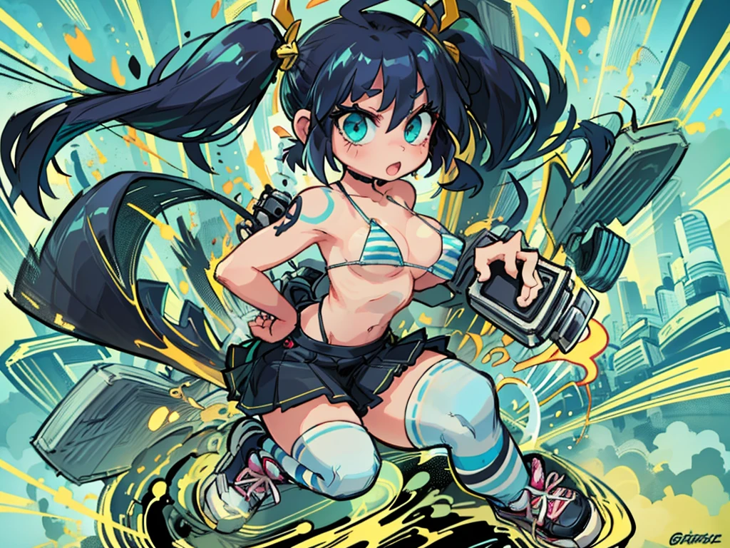 Comics Style,digital figure of beautiful female character, Anime Style, Futuristic tribal tattoo style design on body, (Very beautiful and lovely girl:1.1, Wink, Hime cut twin tails, Greenish black hair, Striped Bikini, mini skirt, Both hands are gimmick arms, Shooting wire, Dynamic movement, Thighs, Knee-high socks, sneakers), (Perfect detail:1.1), Very detailedアートワーク, Graffiti Style Destroyed City Landscape in Focus, (Beautiful and vivid background:1.2), ( Eyes and face with attention to detail:1.3), (Beautiful and vivid background:1.2), (Very detailed, Best Shadow:1.1),Exposing shoulders, (White Background:0.5), (figure :1.1), Graffiti Style , outside, Vibrant, high quality, sticker art, Comic book style, Centered, Approaching perfection, dynamic, Very detailed, Concept Art, Smooth, Sharp focus, dynamic