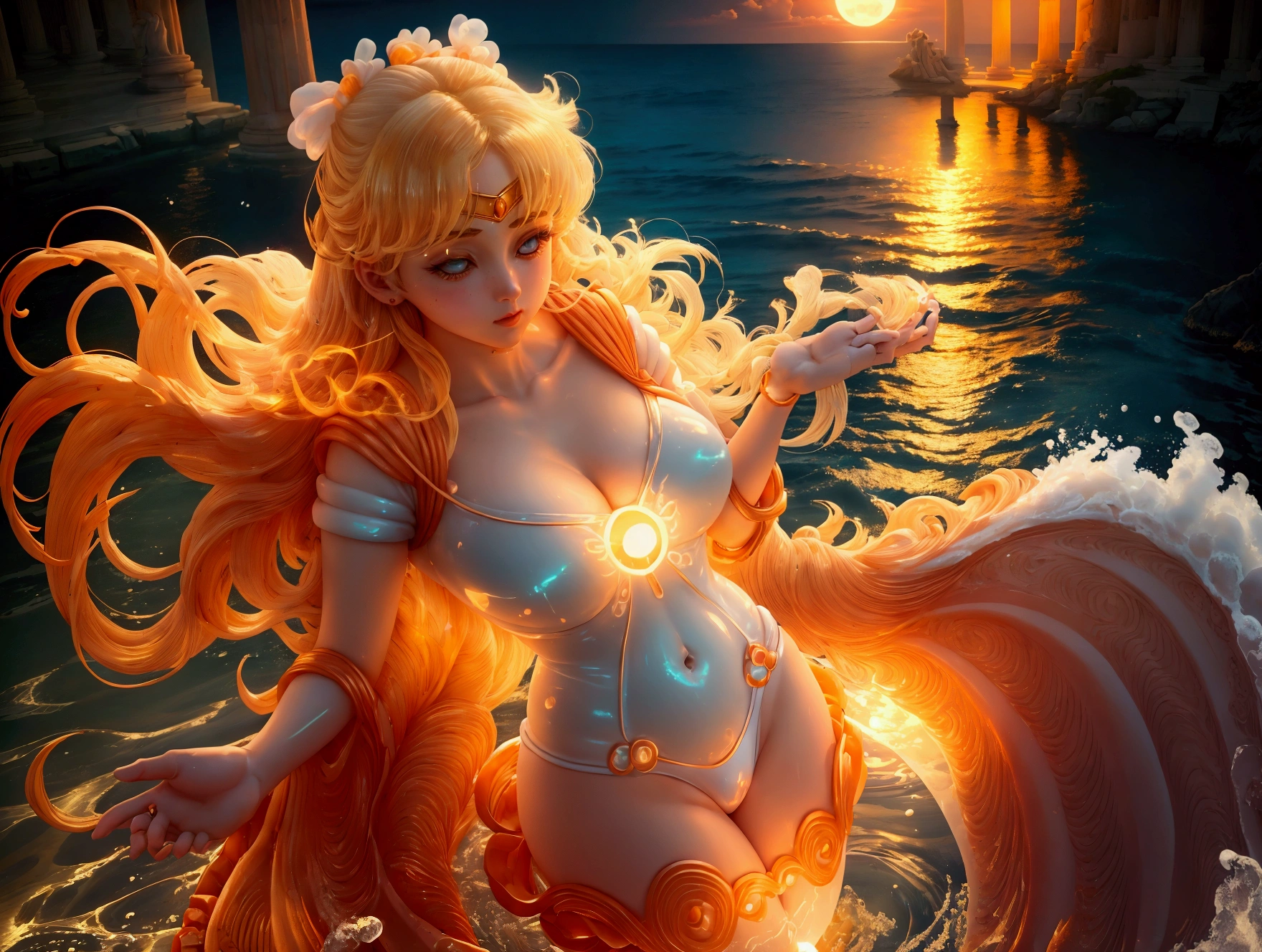 Against the backdrop of (lush jungle) and under the misty veil of (majestic waterfalls), the (radiant blonde warrior) sits on a rock, her gaze fixed directly on the camera lens. The (dark night sky) sparkles above, lit by the (fiery red moon). Red flames dance around her, casting a warm glow over her perfect physique. The (infernal bikini armor), adorned with highly detailed fire accentuates the perfect curves of her body. Her crown, made from infernal horns, sits atop her golden locks, as she sports a sultry smile. The gentle flow of the river creates a calming hum, while the warrior's confidence radiates through the cinematic frame.