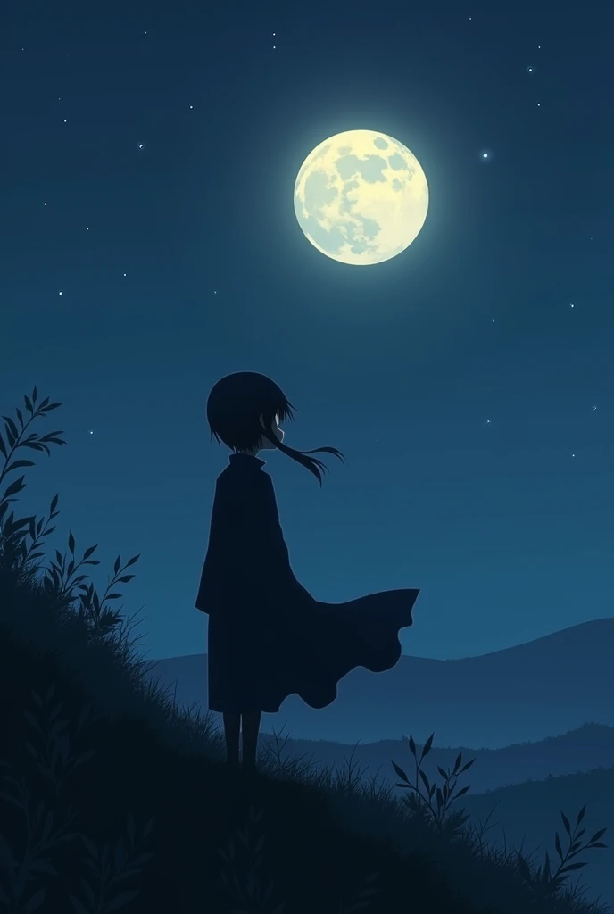 Image of a character similar to Shisui Uchiha watching the night with his back turned, looking at the horizon, sitting without a sword and a little more animated, the image of dusk a little simpler but with more detail, More at night, full moon instead of sun and darker clothes, better hill scenery but a little more realistic