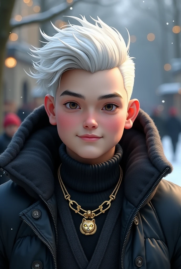 seen from the front make the face a little fat of a young man a little fat in 4K quality and white hair combed to the side on top on the side of the head a gradient until bald, wearing a black winter jacket with oedra jewelry wearing an open hood covering the head,wearing a gold necklace with a small cat on the pendant. as if parading