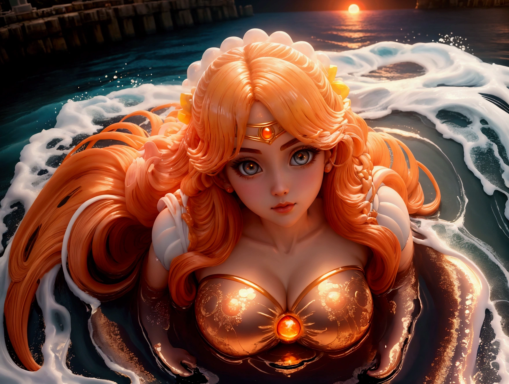 Sailor Moon Big and bright eyes super beautiful., ((high quality)), ((masterpiece)), ((realist)), (Details), reflective luminous white: 1.5, Bright orange texture: 1.3, 1 adhesive monkey (camel toe) beautiful young woman with, a sexy photo, From top to bottom, bright neon, and Mandala, cinematographic, sharp, ray tracing, happiness, lightness, ocean, big waves, Waves with foam, sea goddess, Very long hair melted in water, transparent coat, Red Clouds Sunset, huge full moon, luminescent, Greek columns, ancient temple on water, dynamic movement,