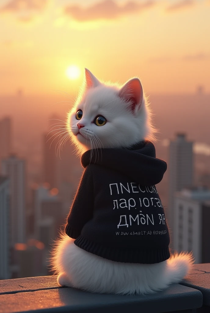 White Kitten on the roof of a tall building where you can see the beautiful city of Tokyo and the sunset behind the kitten and the kitten has a black jacket where it is written "lyoha"