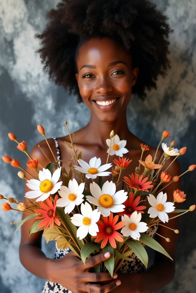beautiful black woman with a amazing bouquet of wildflowers made of paper, shiny smile, fluid pattern painting background, black white background, natural light, street photography