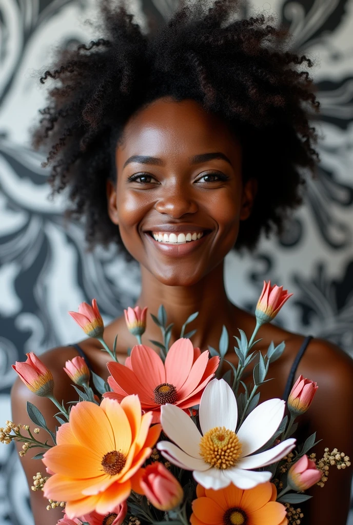 beautiful black woman with a amazing bouquet of wildflowers made of paper, shiny smile, fluid pattern painting background, black white background, natural light, street photography