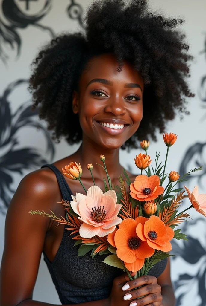 beautiful black woman with a amazing bouquet of wildflowers made of paper, shiny smile, fluid pattern painting background, black white background, natural light, street photography