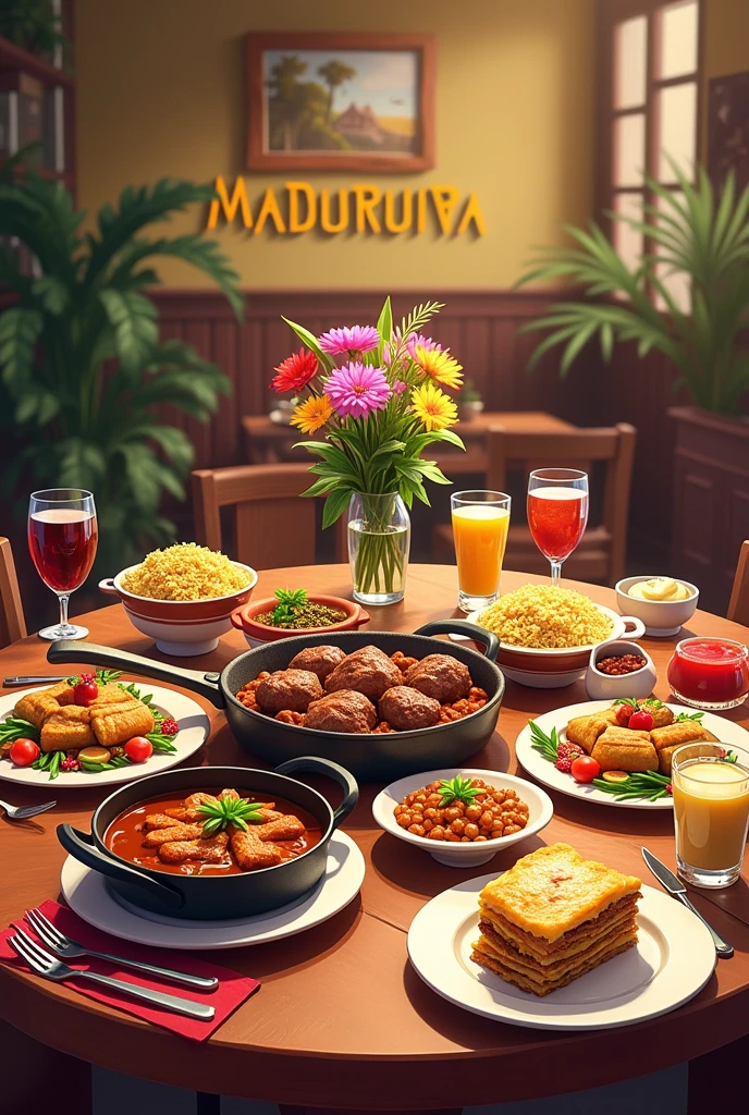 Anime 3d A table with:
1 pan of vaca atolada 1 pan of cooked meat 1 pan of rice with suã 1 tray of chicken lasagna 1 glass of wine 1 glass of beer 1 glass of juice 1 glass of soda 1 piece of pudding 1 jug of water 1 vase of colorful flowers MADUREIRA RESTAURANT sign