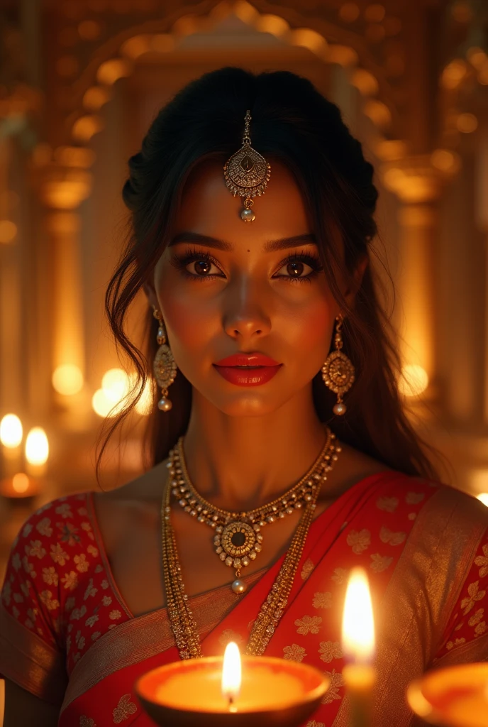 a beautiful indian woman, detailed face, detailed eyes, detailed lips, elegant jewelry, traditional indian dress, warm lighting, glowing candles, diwali celebration, hindu rituals, intricate patterns, gilded details, ornate architecture, atmospheric lighting, rich color palette, cinematic composition, photorealistic, 8k, high quality, masterpiece