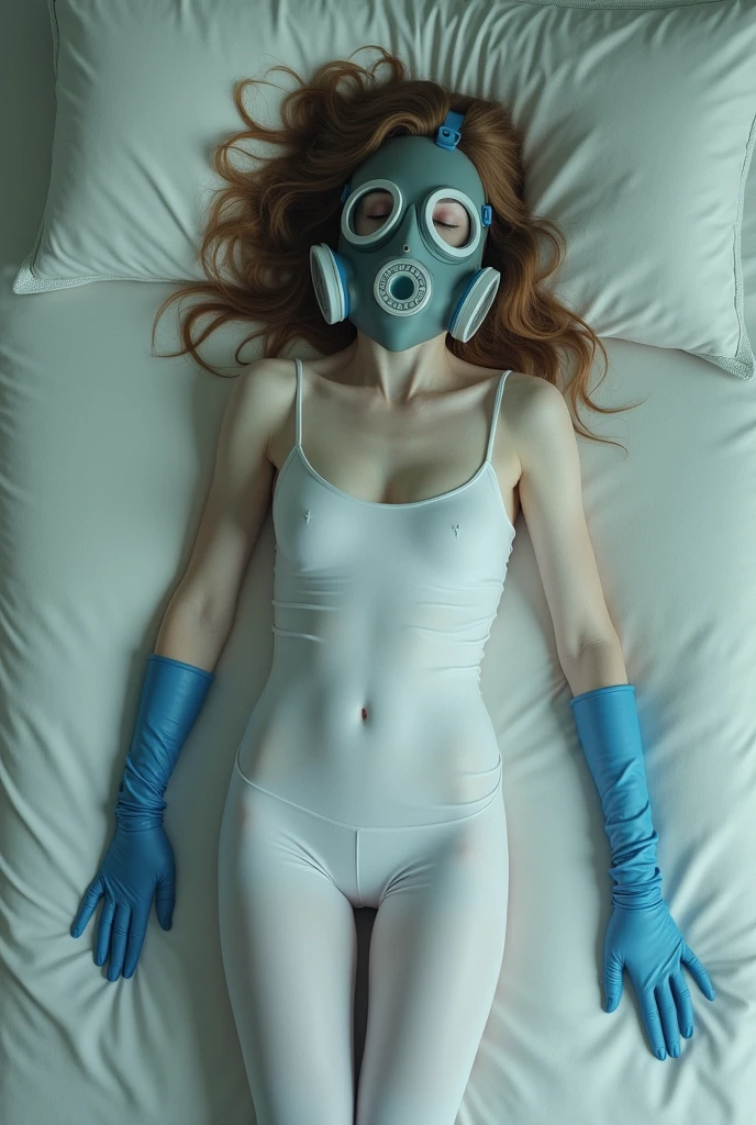 Generate a woman lying down with long white stockings asleep with a large gas mask and blue nitrile hospital gloves and her whole body visible 
 