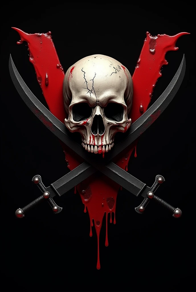 Make me a realistic logo with a single skull with its mouth open with blood stains on the sides of the skull with 2 swords crossing each other making a V, the swords that are black color. Behind a red V dripping blood, With a black background, if you can, the skull should have some tiny cracks.