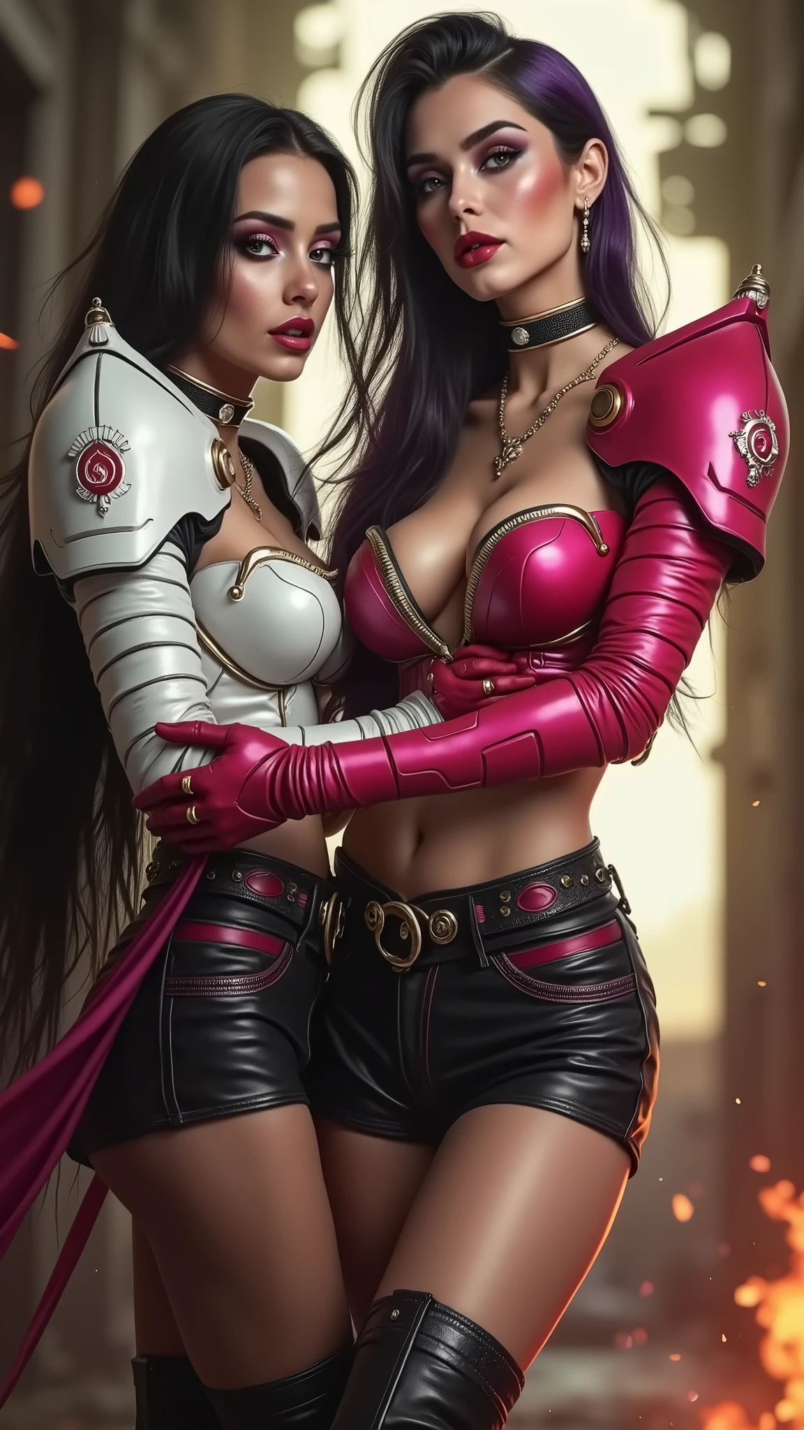 Masterpiece, Best Quality, Official Art, (Highly Detailed CG Unity 8k wallpaper), Detailed background, (Hands by Guido Daniele: 1.1). Full body pose sexy sisters of battle from the warhammer 40k, shooting at the enemy, white armor with intricate details, red armor with intricate details, religous symbols on the armor, sisters of battle, warhammer 40k, Massive silicone breast, pale skin, seductive, temptation, eat your soul, clevage, long flowing black hair with purple highlights, heavy gothic makeup, at night, neon, beautiful detailed eyes, beautiful detailed lips, extremely detailed eyes and face, long eyelashes, highly detailed armor, intricate futuristic weaponry, dramatic lighting, cinematic composition, muted color palette, gritty and realistic, mecha, science fiction, hyper-detailed, photorealistic, award winning digital art, 8k, HDR, masters work, in the middle of a battle field, full body combat action pose, explosions and fire around, full war, stunning, Stilleto heels, high heels, full body pose, cinematic, movie trailer, final stand!, nemesis, ready to strike, dust and debree, combat screams, attacking, shooting at the enemy, running forward, last line of defense, charging, fanatic, religious, templar knights, sisters of battle, warhammer 40k