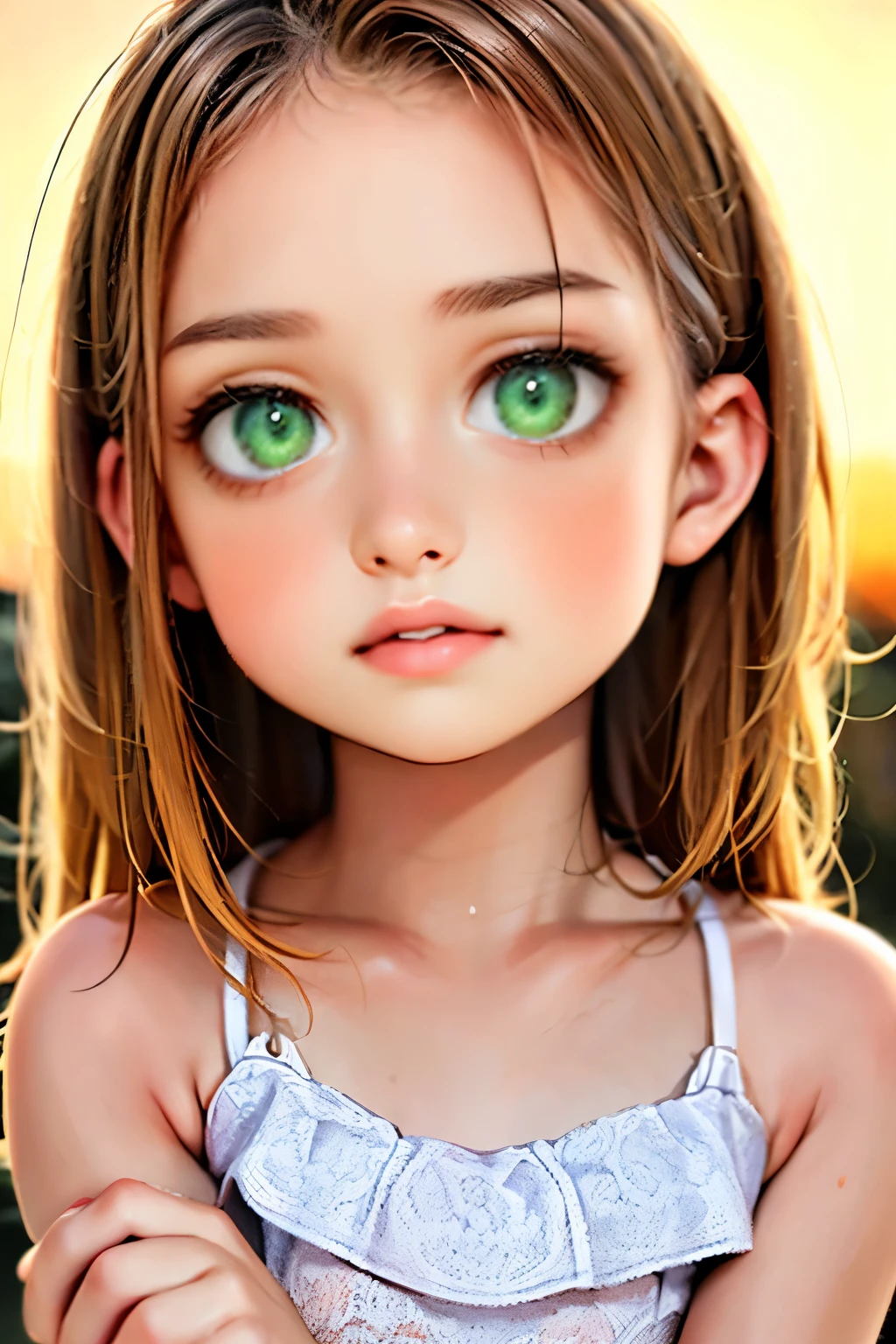 Best Quality, Masterpiece, Ultra High Resolution, (Realism: 1.4), Original Photo, egirl, Green Eyes, Off-the-Shoulders, Cinematic Lighting, brown Hair, At Sunset