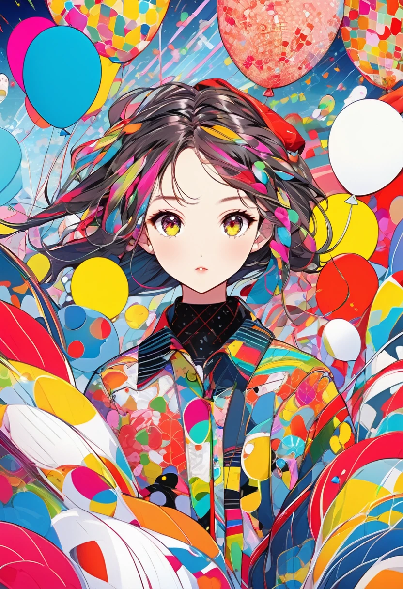 {worst quality, low-quality}, Anime artwork depicting a girl's face within a vivid and abstract collage of colors and patterns. The composition includes a variety of shapes, lines, and textures, all in bright and contrasting colors, creating a surreal and energetic atmosphere that draws the viewer in, ((background with floating colorful balloons:1.4)), --ar 3:4 --stylize 600 --niji 6, masutepiece,Best Quality,ultra-detailliert, masterpiece, masutepiece,Best Quality,ultra-detailliert, masterpiece,