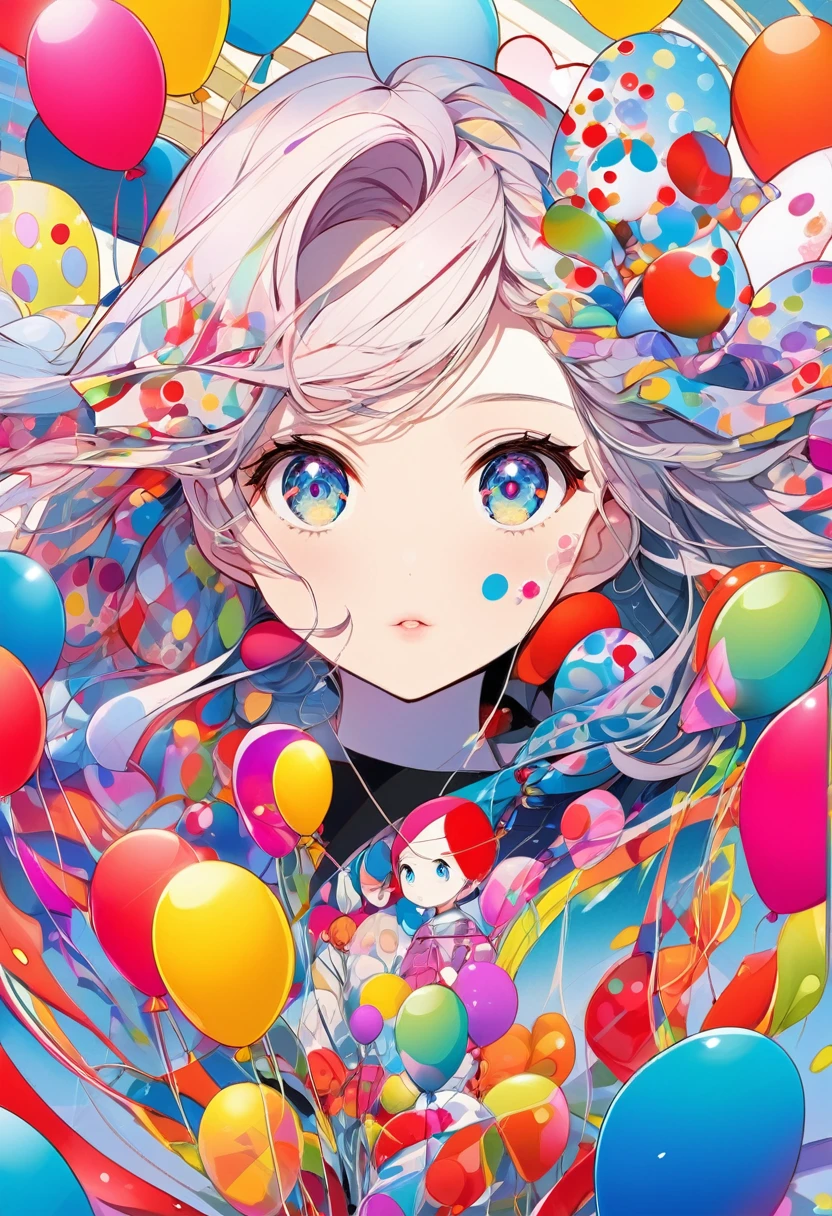 {worst quality, low-quality}, Anime artwork depicting a girl's face within a vivid and abstract collage of colors and patterns. The composition includes a variety of shapes, lines, and textures, all in bright and contrasting colors, creating a surreal and energetic atmosphere that draws the viewer in, ((background with floating colorful balloons:1.4)), --ar 3:4 --stylize 600 --niji 6, masutepiece,Best Quality,ultra-detailliert, masterpiece, masutepiece,Best Quality,ultra-detailliert, masterpiece,