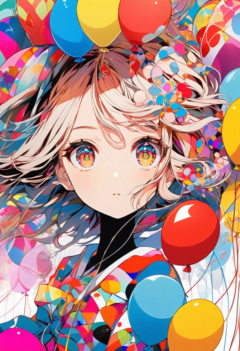 {worst quality, low-quality}, Anime artwork depicting a girl's face within a vivid and abstract collage of colors and patterns. The composition includes a variety of shapes, lines, and textures, all in bright and contrasting colors, creating a surreal and energetic atmosphere that draws the viewer in, ((background with floating colorful balloons:1.4)), --ar 3:4 --stylize 600 --niji 6, masutepiece,Best Quality,ultra-detailliert, masterpiece, masutepiece,Best Quality,ultra-detailliert, masterpiece,