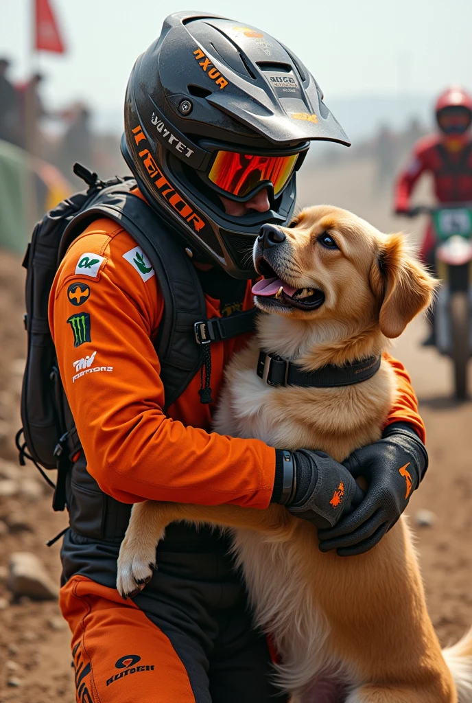 A motocross racer hugging a dog 