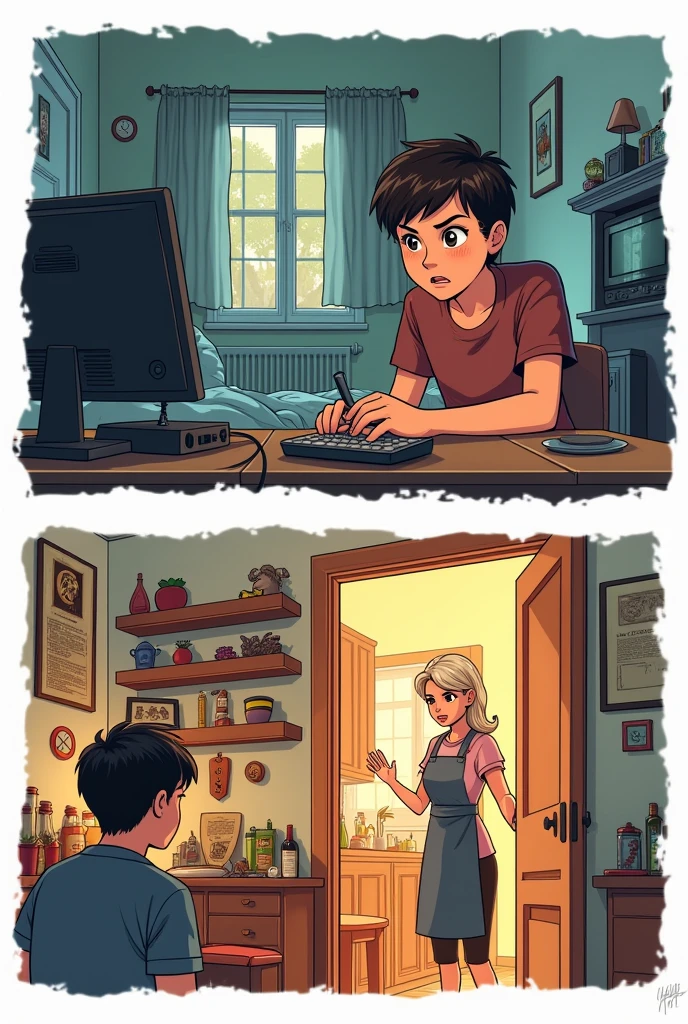 A comic sheet with 2 comics, one playing an RPG video game and his mother at the door calling him to dinner.