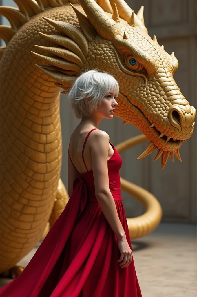 Short Targaryen woman with silver hair and red dress standing in front of a golden dragon with no arms 