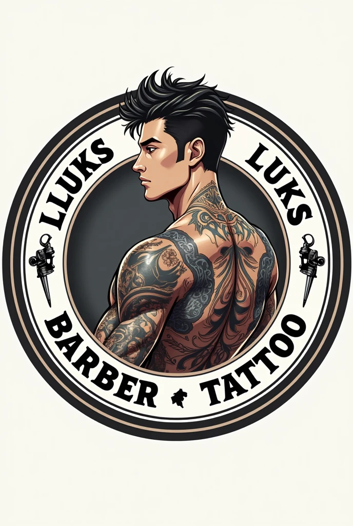 Create a circular logo with a design of a handsome tattooed anime character, On the outside it will have the phrase "luks Barber tattoo". And some tattoo machine designs and some scissors inside.