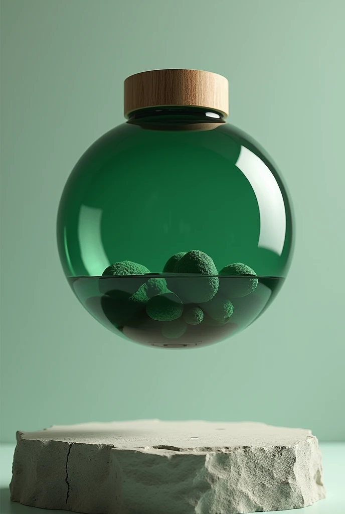 The modern design of the vial is livivitating in the air due to the magnet.  Designed like ball with Aesthetic matte design, with glass elements. in the form of a stone. Green rich  colour