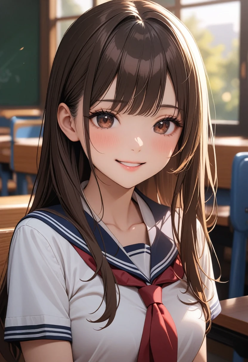 1 girl, (Portrait of a beautiful japanese girl), (high school girl, gal:1.3), 
(long hair, brown hair), (dark brown inner hair), slender body, 
(dark brown eyes), (finely detailed beautiful eyes), 
(school uniform, short sleeves,), smile, 
((very detailed, ultra-high resolution, absurdres, highres, masterpiece, best quality, very aesthetic, fine texture, newest, perfect lighting, best shadow, sharp focus, high color saturation)), (anatomically correct, perfect hands), (professional photography), ((anime art style)), 
great lighting, cowboy shot, at school classroom, shine colorful, 