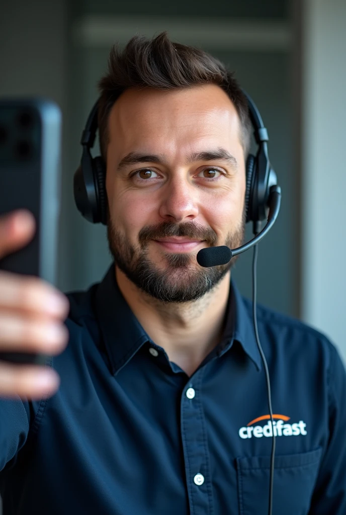 Sales consultant taking a selfie using his headset and microphone, with a dark blue shirt with the name of the company he works for: “Credifast”