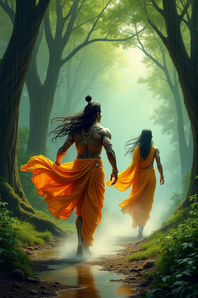 Lord rama and lord shita running in jungle and beautiful nature rain