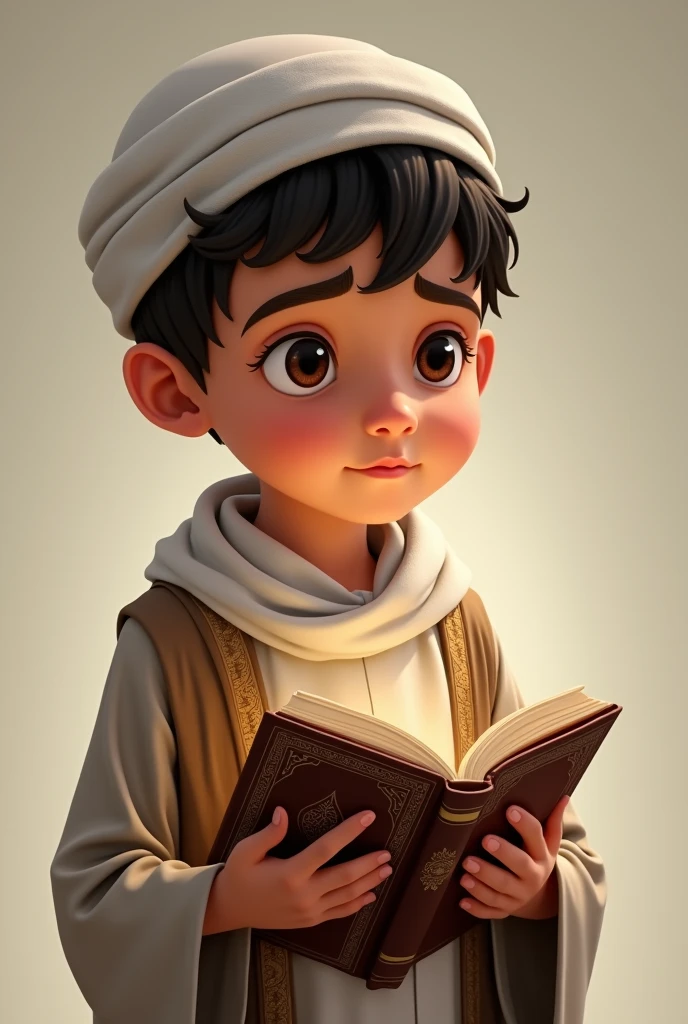 A Muslim boy With Quran in hand with Expression like some good information tell us to know. & Her dress is jubba which is islamic regionel drees & hee looking in the camera