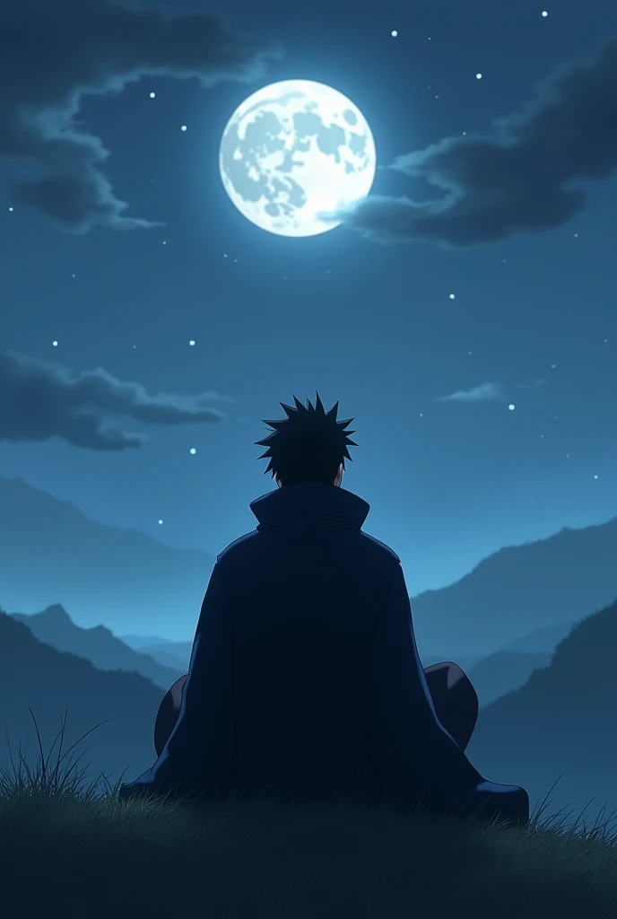 Image of a character similar to Shisui Uchiha watching the night with his back turned, looking at the horizon, sitting without a sword and a little more animated, the image of dusk a little simpler but with more detail, more at night, full moon instead of sun and darker clothes, better hill scenery but a little more realistic sitting and a little older, stronger as inspired by Shisui Uchiha