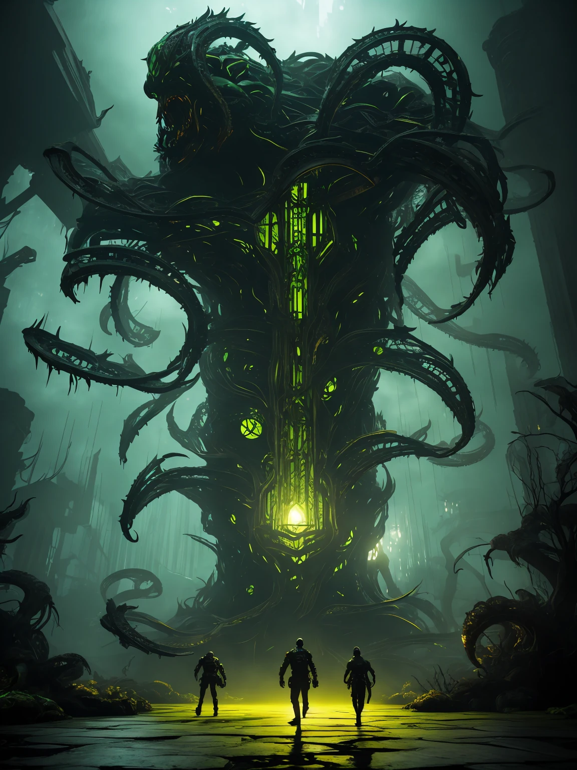 A gigantic floating cuboid structure with dark, twisting tentacles, radiating an intense green light from the circular patterns and eyes with illuminated symbols embedded in their faces. The scene has a dark and futuristic atmosphere., with a greenish-yellow lighting that envelops the entire space, full of geometric shapes and blocks suspended in the air. Two tiny, zombified figures appear to be wandering in front of this monstrous entity., highlighting its colossal scale. The atmosphere is oppressive and mysterious., as if the place were a prison or a temple of some cosmic deity. The style is a combination of science fiction and cosmic horror, with intricate details and a sense of alien grandeur.