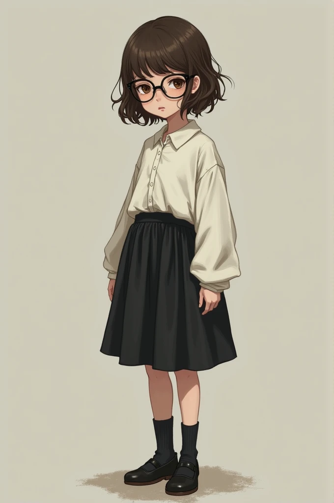 short brown hair girl with bangs, light skin, black glasses, using a big white shirt and a big black skirt, using a gaiter and mary jane shoes, really small tits, with a frown face, brown eyes