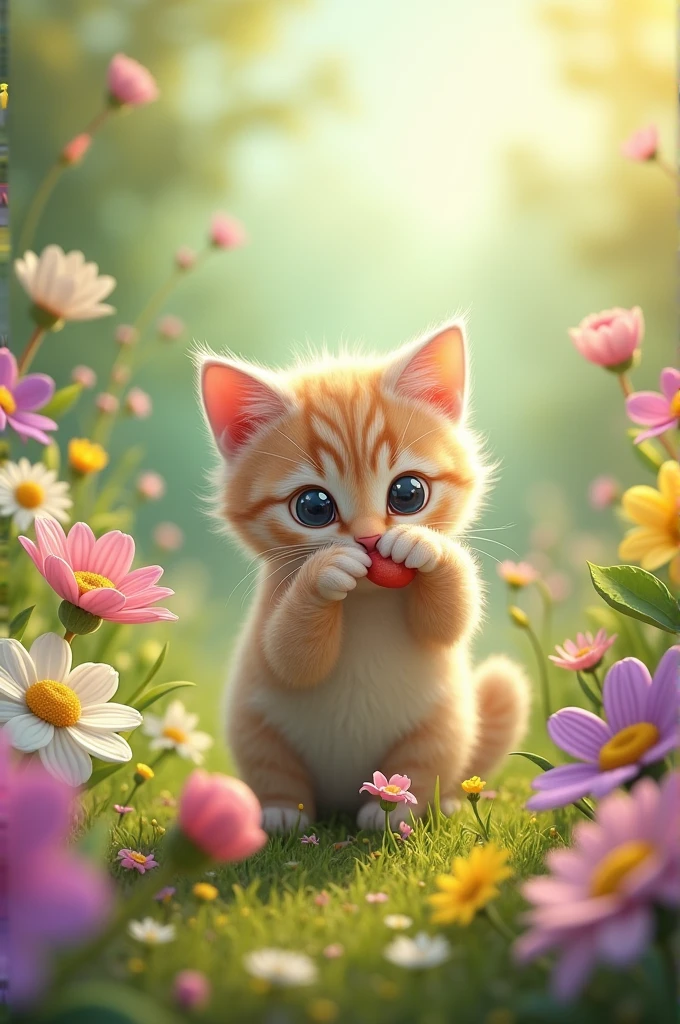 FLOWERS AROUND A CAT WITH ITS TOY