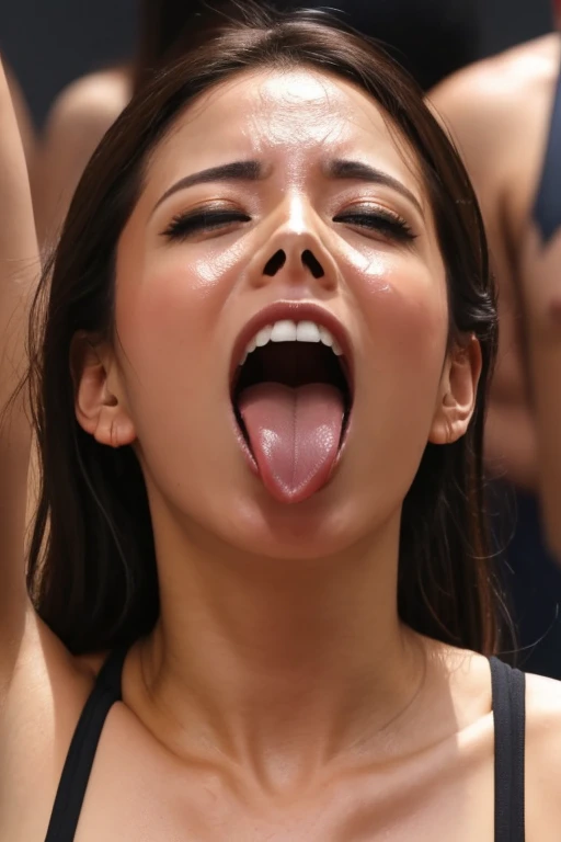 Flying debris,Award-winning photo, Very detailed, Edge Orgasm, Woman with open mouth and closed eyes , Sweaty skin、Lighting that highlights shiny sweat{{{Spread the word }}}, Black Hair、Browsing Caution,{{{{Crowd of elderly male spectators,Surrounded by men,}}}},(length, Narrow nostrils)、Raise your arms behind your head,(Sticking out a long tongue)