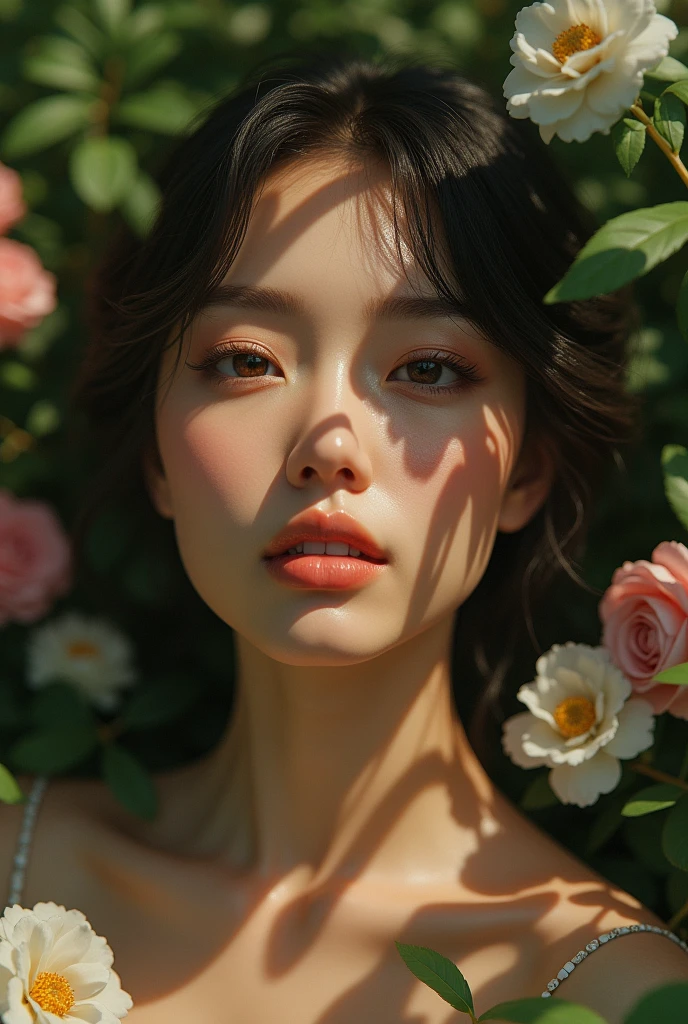 beautiful detailed eyes, beautiful detailed lips, extremely detailed eyes and face, long eyelashes, 1girl, nude, natural lighting, photorealistic, 8k, high quality, hyper detailed, intricate details, cinematic composition, dramatic lighting, delicate skin, realistic skin texture, realistic body proportions, volumetric lighting, ambient occlusion, soft shadows, warm color palette, natural setting, natural environment, beautiful scenery, lush greenery, flowers, serene atmosphere, dreamlike, elegant, graceful, sensual