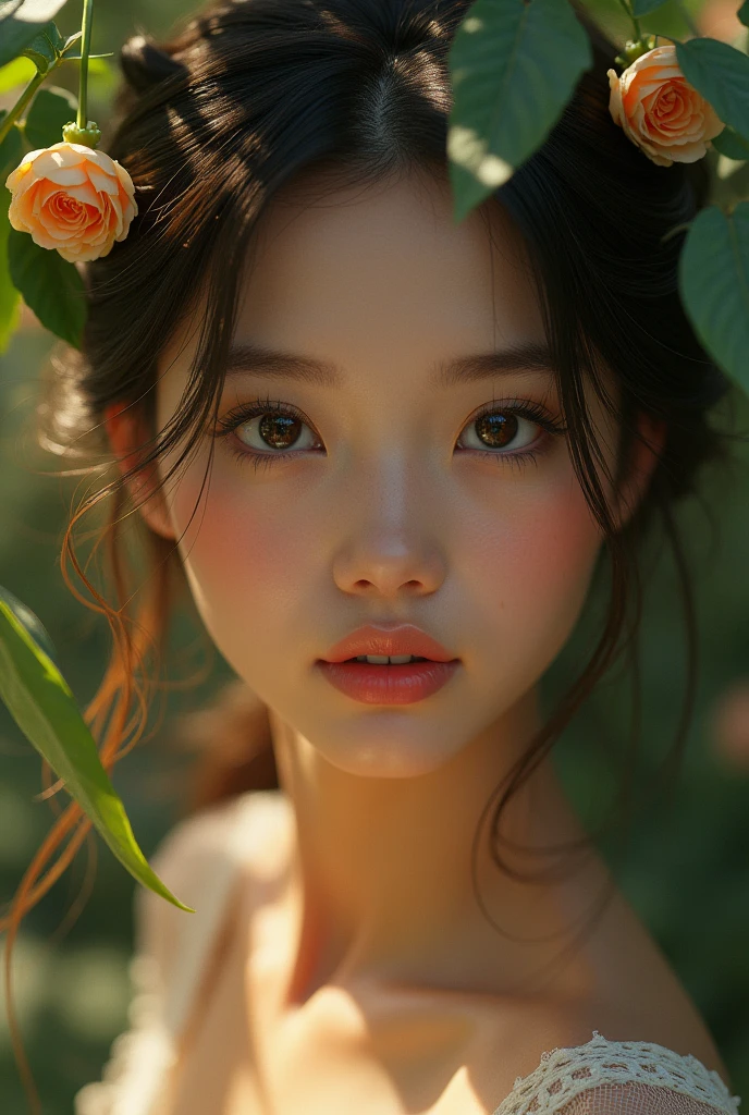 beautiful detailed eyes, beautiful detailed lips, extremely detailed eyes and face, long eyelashes, 1girl, nude, natural lighting, photorealistic, 8k, high quality, hyper detailed, intricate details, cinematic composition, dramatic lighting, delicate skin, realistic skin texture, realistic body proportions, volumetric lighting, ambient occlusion, soft shadows, warm color palette, natural setting, natural environment, beautiful scenery, lush greenery, flowers, serene atmosphere, dreamlike, elegant, graceful, sensual