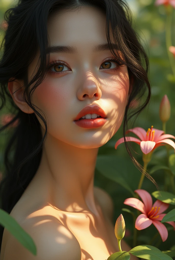 beautiful detailed eyes, beautiful detailed lips, extremely detailed eyes and face, long eyelashes, 1girl, nude, natural lighting, photorealistic, 8k, high quality, hyper detailed, intricate details, cinematic composition, dramatic lighting, delicate skin, realistic skin texture, realistic body proportions, volumetric lighting, ambient occlusion, soft shadows, warm color palette, natural setting, natural environment, beautiful scenery, lush greenery, flowers, serene atmosphere, dreamlike, elegant, graceful, sensual