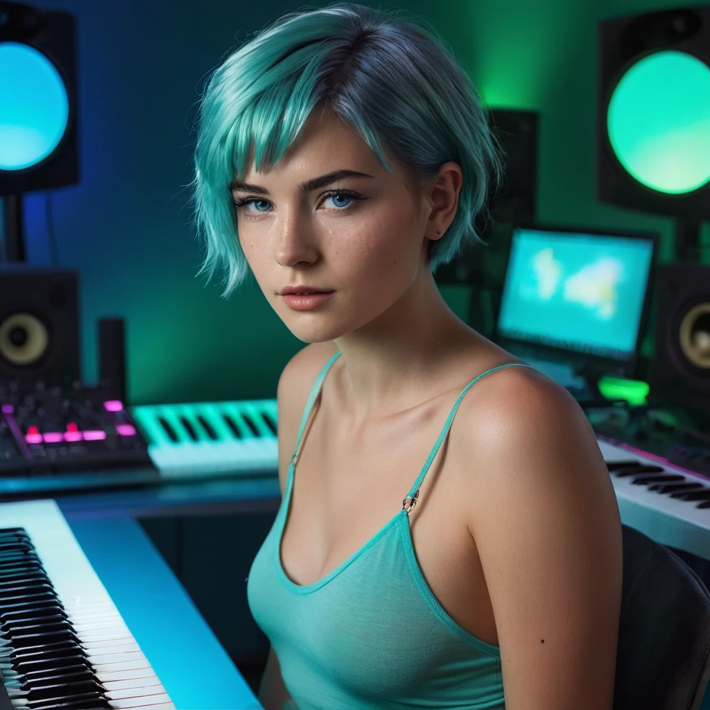Woman, 20 Years Old, Nordic Ethnicity, short blue hair with a perfect face and light freckles, Blue-Green Eyes, sitting at a sleek, modern music studio setup late at night. She is wearing a stylish, slightly revealing outfit, a cup of coffee on the desk beside her. The lighting is dim and moody, with soft blue and purple neon lights casting gentle shadows, creating an intimate atmosphere. The scene captures her deeply focused on the music, with her fingers lightly resting on a keyboard, surrounded by studio equipment. The background shows a large monitor displaying music production software, with soft light emanating from the screen. The overall mood is creative, intimate, and immersive. ((Color palette - turquoise, neoen green, neon pink))