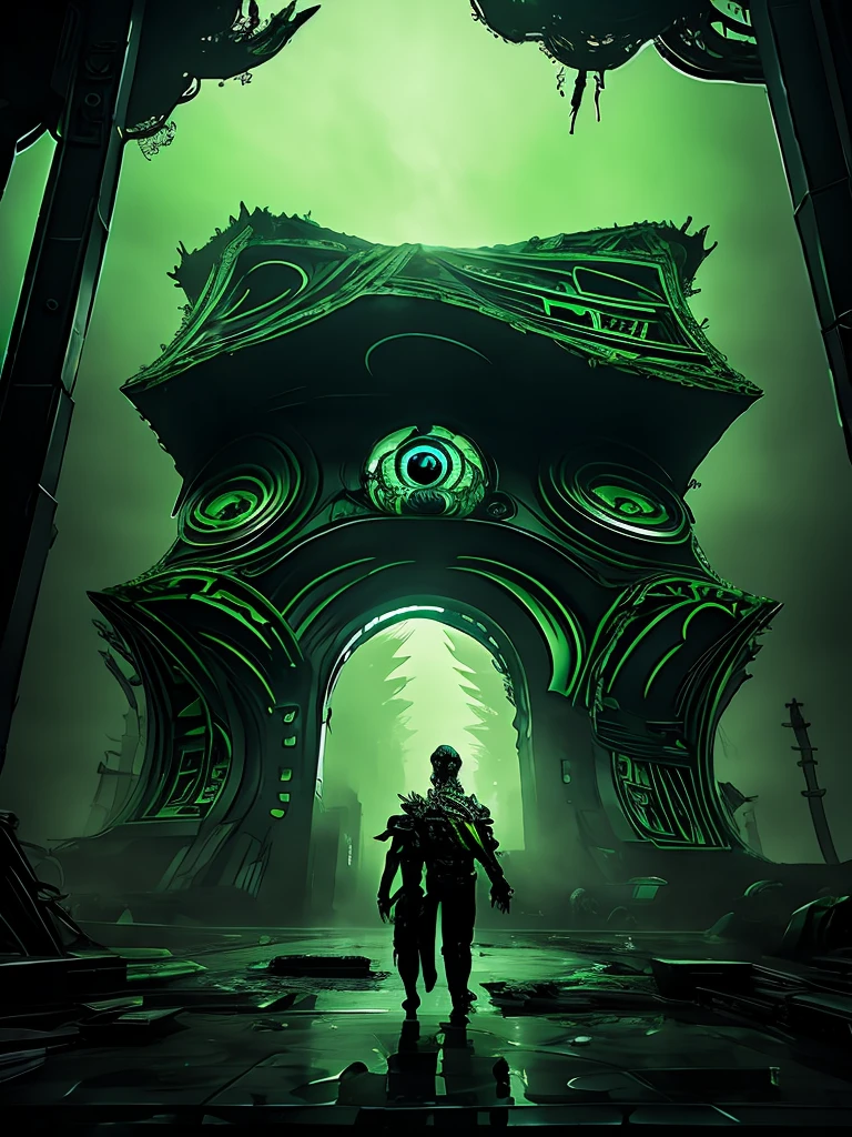 A gigantic floating cuboid structure with dark, twisting tentacles, radiating an intense green light from the circular patterns and eyes with illuminated symbols embedded in their faces. The scene has a dark and futuristic atmosphere., with a greenish-yellow lighting that envelops the entire space, full of geometric shapes and blocks suspended in the air. Two tiny, zombified figures appear to be wandering in front of this monstrous entity., highlighting its colossal scale. The atmosphere is oppressive and mysterious., as if the place were a prison or a temple of some cosmic deity. The style is a combination of science fiction and cosmic horror, with intricate details and a sense of alien grandeur.