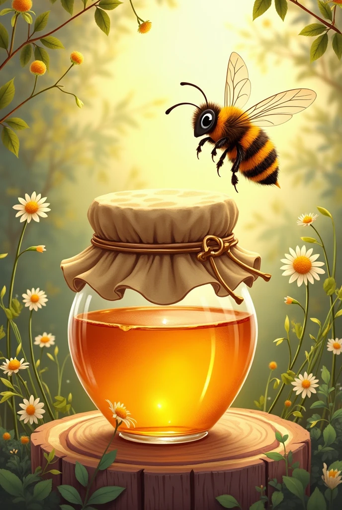 Create a honey jar with a bee next to it