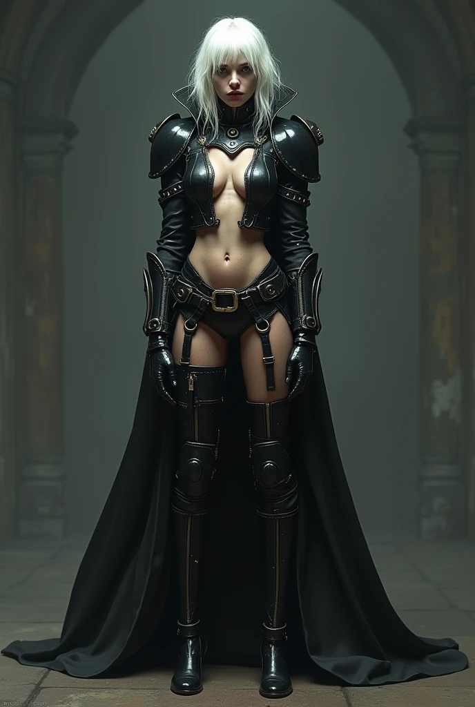 ((perfect anatomy:1.2,realistic:1.3,RAW Photography:1.3,masterpiece、highest quality、Ultra - High resolution、High resolution、Highly detailed CG、8K)), This artwork should be hyper-realistic, capturing every detail with stunning clarity, image of a Middle age white hair female plague doctor, Full body, very detailed armor, Medico Della Peste mask,The outfit should be alluring ,overly revealing, unzipped:1.2, ((costume is unzipped )), narrow waist, wide hips ((bare chest)), slender body, thigh gap, skinny, (oily skin,gleaming skin,pale skin,sweat:1.2),