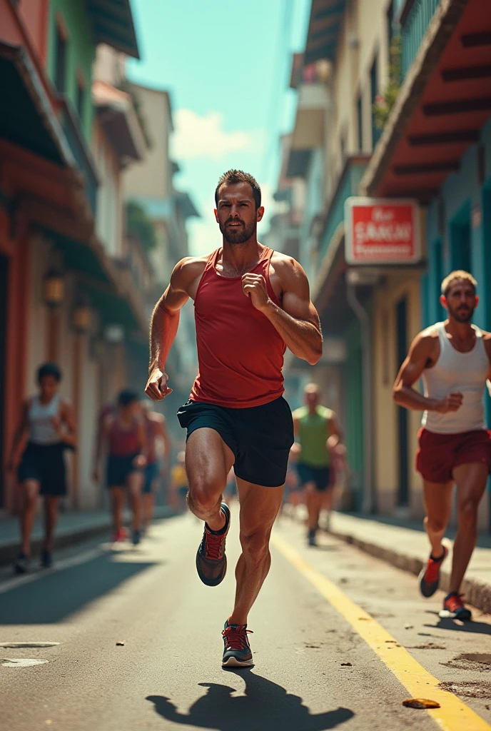 a man running in the streets, In the city of São Paulo, 30 years old, running clothes, corridors next door