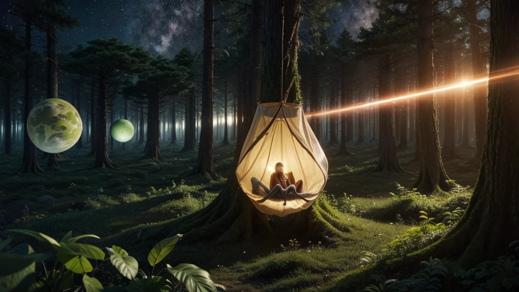 a forest inside a moth cocoon floating in the universe with planets around