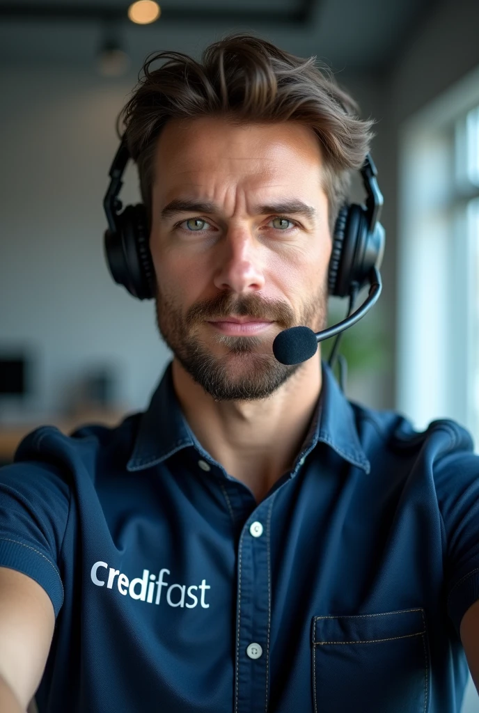 Sales consultant taking a selfie using his headset and microphone, with a dark blue shirt with the name of the company he works for: “Credifast”