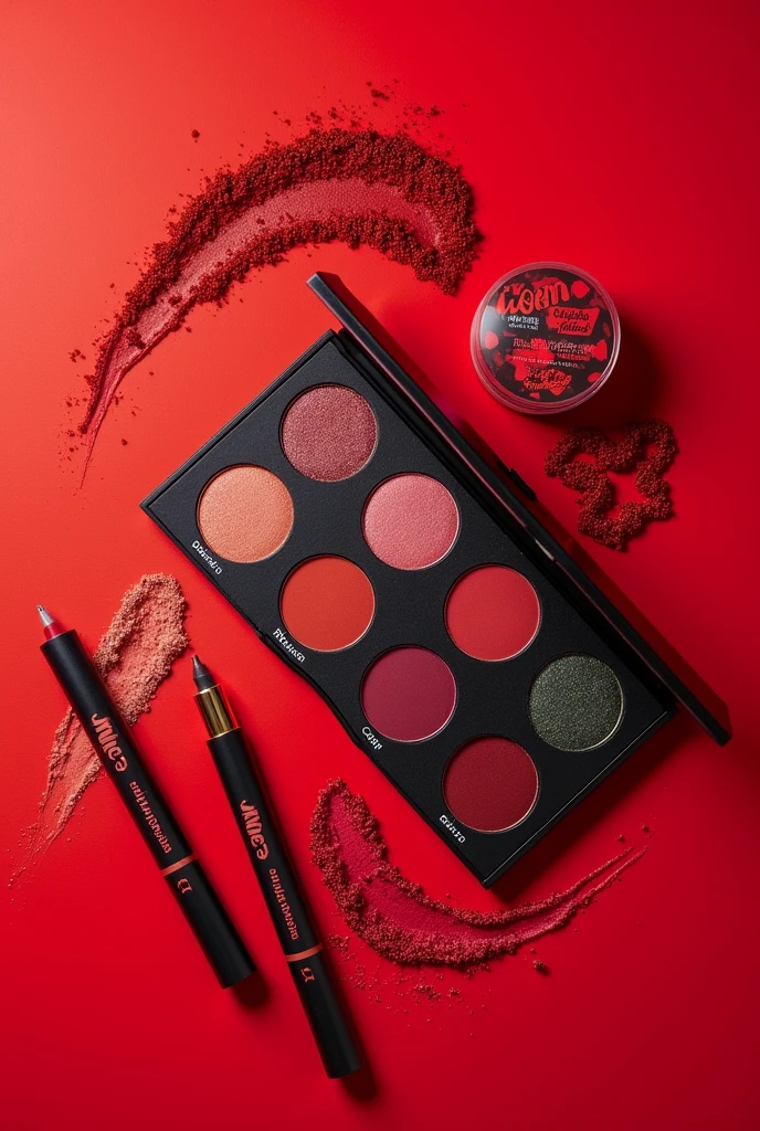 Make a makeup kit,which contains an eye shadow palette, which will have the following colors and names: red- Diablo, Rosa con Guitter- Condy, red con Guitter- Saoko, Vino-motomami and also that the kit includes a line of inks with the colors, red, fiusha and that this is a product of the Benefit brand in collaboration with Rosalía ( Singer )
SPECIFICALLY WITH A RED BACKGROUND