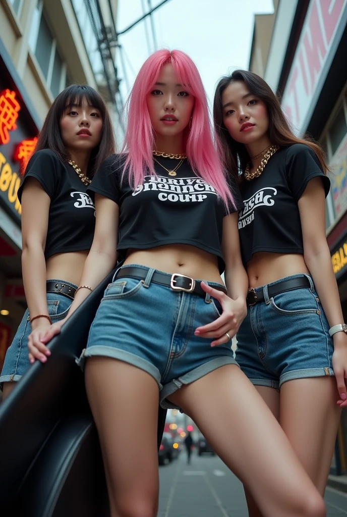 Adult video poster、「Girls in the band」「ShockingAVdebut!」character、(((Japanese woman carrying a large black guitar case))), 2 mujeres adultas Wearing a black t-shirt de cuello redondo con grandes letras inglesas en el pecho y pantalones vaqueros cortos azules posando para una foto, actriz porno de big breasts, dynamic pose, model posing for a rock magazine, unimaginably beautiful woman with thin curves, Japanese female fashion model, (((very bright pink hair))), happy, thick jewelry chain around the neck and arms, (((in front of a striptease theater in Asakusa))), a pure and beautiful smile, smart face, thin curves, big breasts, Wearing a black t-shirt, a very small leather jacket, denim shorts, (((extremely low angle))), zero, building, carrying a black guitar case with a guitar strap attached