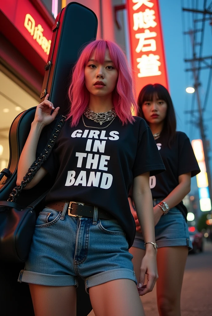 Adult video poster、「Girls in the band」「ShockingＡＶdebut！」character、(((Japanese woman carrying a large black guitar case))), 2 mujeres adultas Wearing a black t-shirt de cuello redondo con grandes letras inglesas en el pecho y pantalones vaqueros cortos azules posando para una foto, actriz porno de big breasts, dynamic pose, model posing for a rock magazine, unimaginably beautiful woman with thin curves, Japanese female fashion model, (((very bright pink hair))), happy, thick jewelry chain around the neck and arms, (((in front of a striptease theater in Asakusa))), a pure and beautiful smile, smart face, thin curves, big breasts, Wearing a black t-shirt, a very small leather jacket, denim shorts, (((extremely low angle))), zero, building, carrying a black guitar case with a guitar strap attached